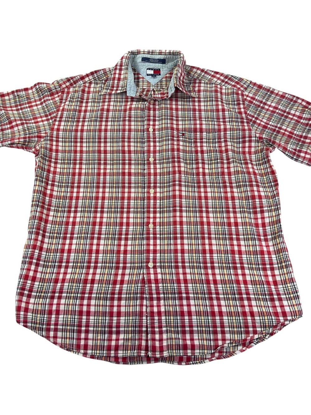 Vintage Tommy Hilfiger Plaid Shirt Men’s XL Red Navy Flag Logo Y2K 90s